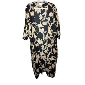 Maison Du Soir Floral Kimono Duster L/XL Black & Gold 100% Polyester Open Front